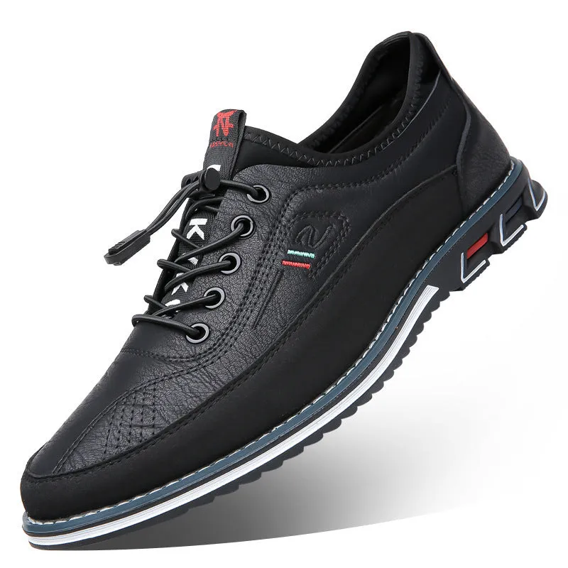 Genuine leather men's sports shoes black colour with vulcanised rubber sole and buckle closure