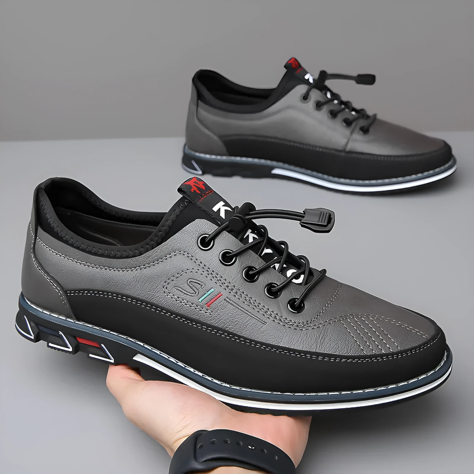 Genuine leather men's sports shoes black colour with vulcanised rubber sole and buckle closure