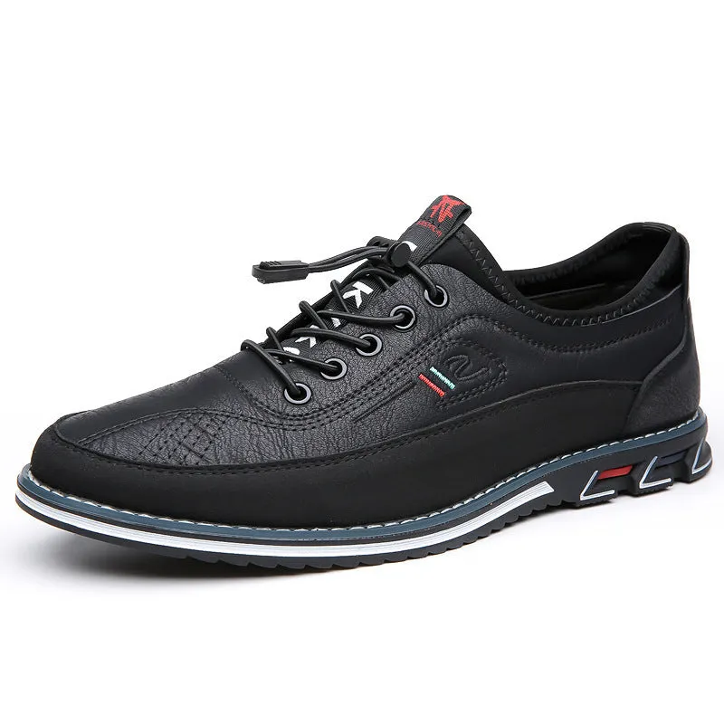 Genuine leather men's sports shoes black colour with vulcanised rubber sole and buckle closure