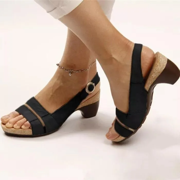 Women's ankle strap sandals in low heel peep toe style with buckle fastening, synthetic leather upper, multiple colours available