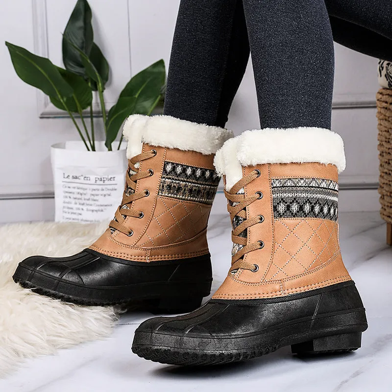 Women's winter high-top hiking shoes with velvet lining, non-slip rubber sole, in black colour block style