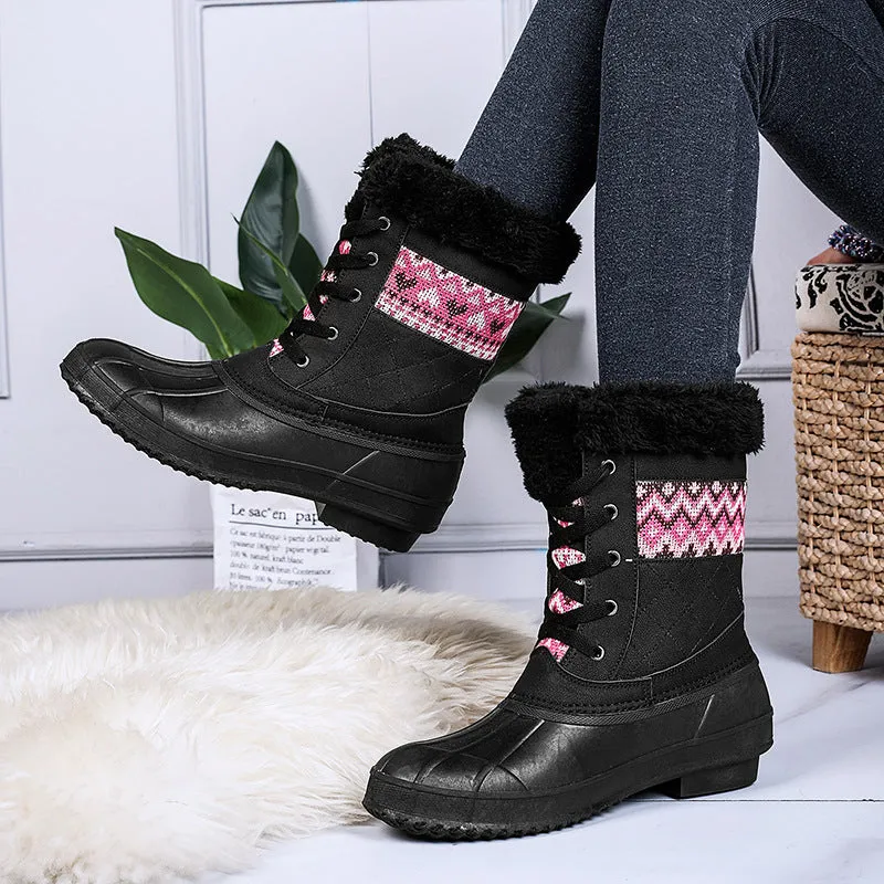 Women's winter high-top hiking shoes with velvet lining, non-slip rubber sole, in black colour block style