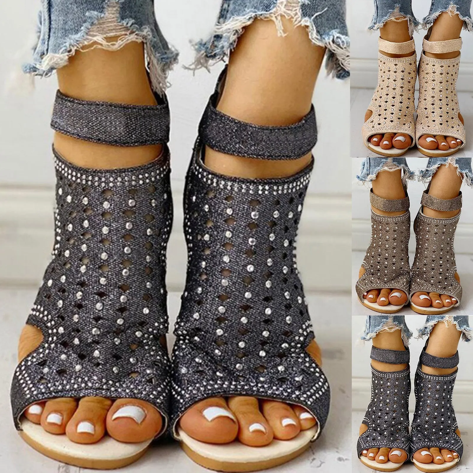 Rhinestones Roman sandals with peep toe and back zip design, PU upper, available in beige