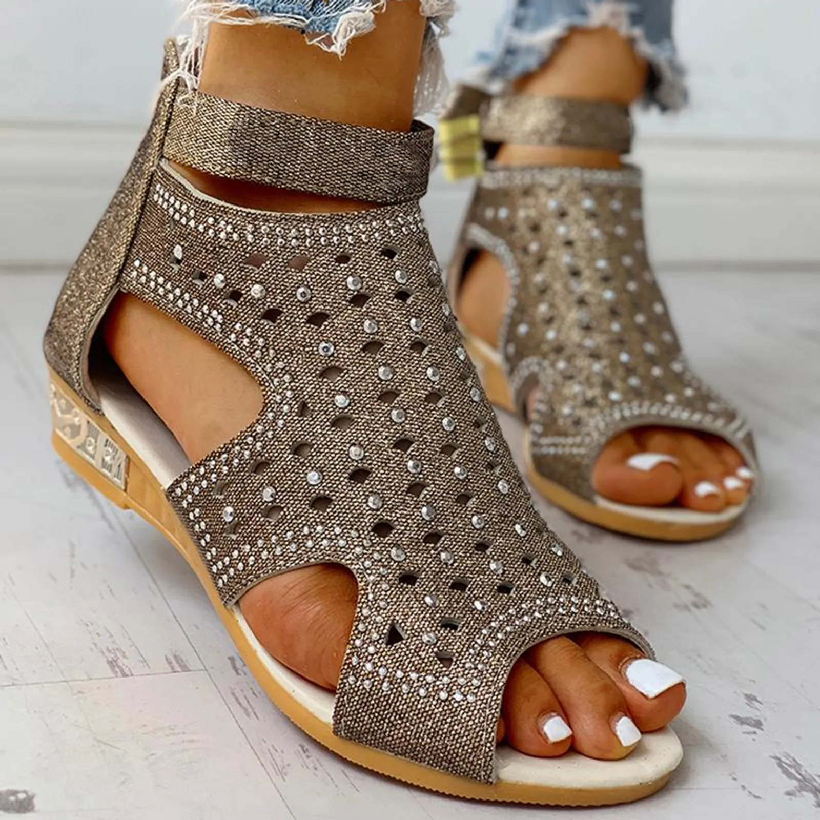 Rhinestones Roman sandals with peep toe and back zip design, PU upper, available in beige