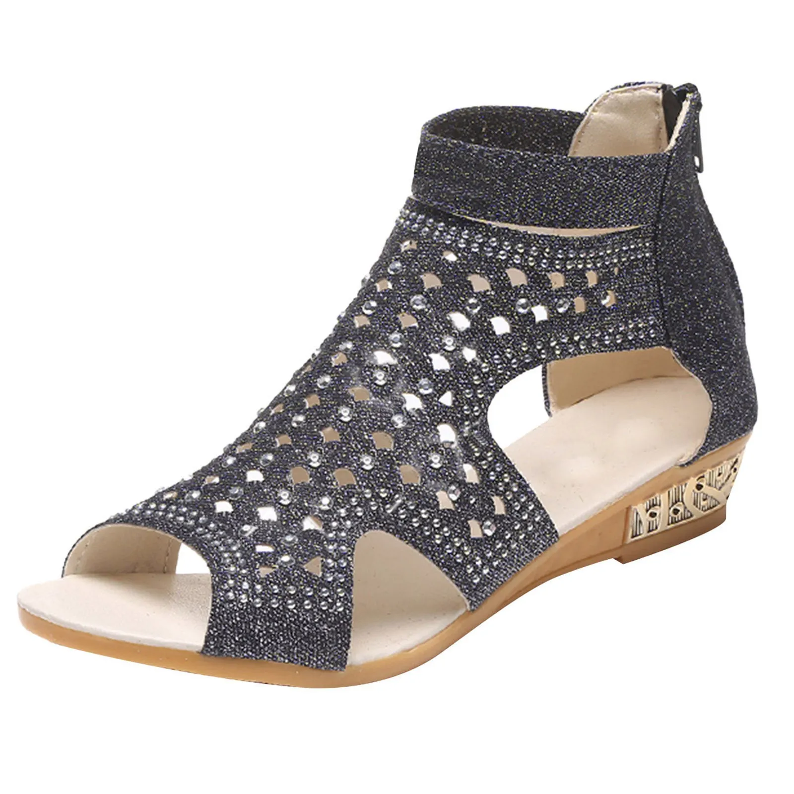 Rhinestones Roman sandals with peep toe and back zip design, PU upper, available in beige