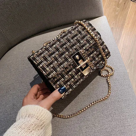 Foreign gas chain casual small square bag in advanced PU with shoulder strap, L size 8x12x17cm, black colour, front view