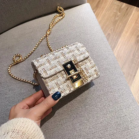 Foreign gas chain casual small square bag in advanced PU with shoulder strap, L size 8x12x17cm, black colour, front view