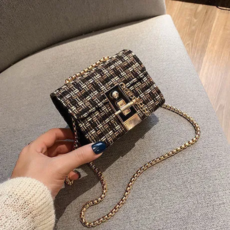 Foreign gas chain casual small square bag in advanced PU with shoulder strap, L size 8x12x17cm, black colour, front view