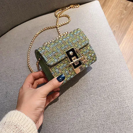 Foreign gas chain casual small square bag in advanced PU with shoulder strap, L size 8x12x17cm, black colour, front view