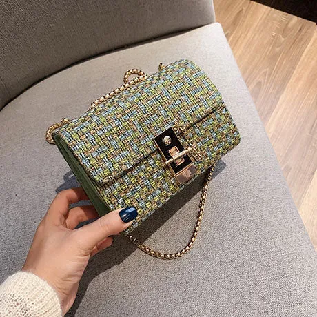 Foreign gas chain casual small square bag in advanced PU with shoulder strap, L size 8x12x17cm, black colour, front view