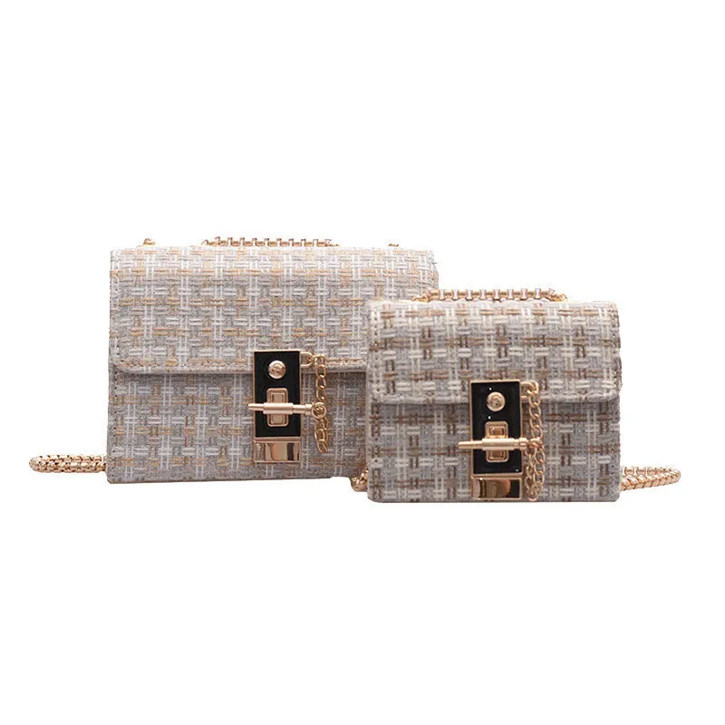 Foreign gas chain casual small square bag in advanced PU with shoulder strap, L size 8x12x17cm, black colour, front view