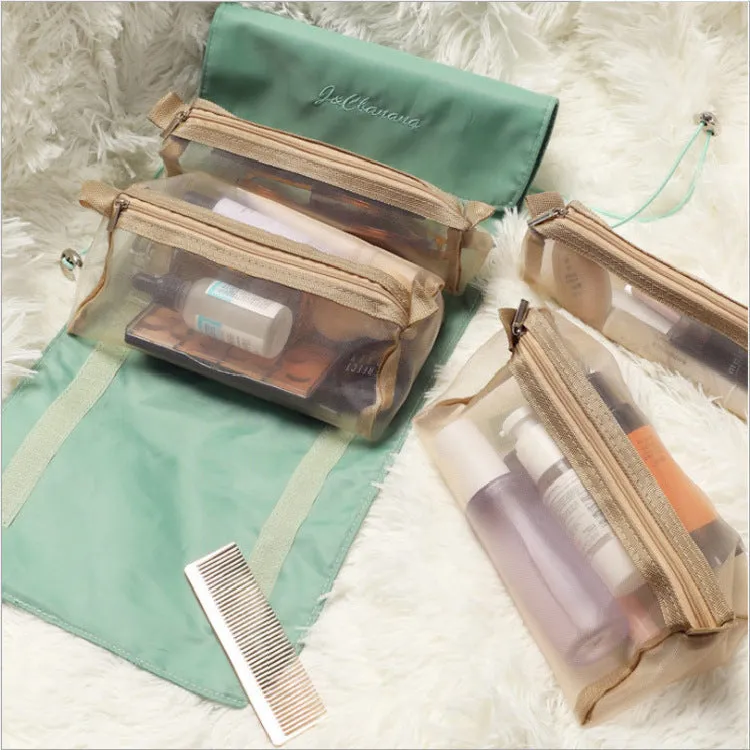 4pcs foldable cosmetic travel bag set in assorted colours made from polyester with zipper pockets