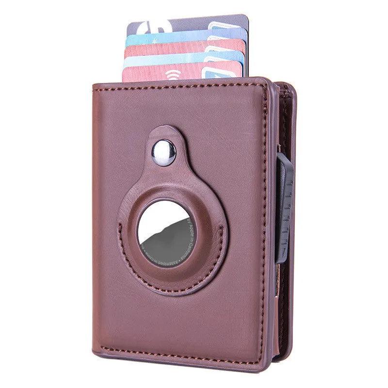 Automatic PU leather card wallet in Crazy Horse finish with anti-lost feature, card slots, and slim profile