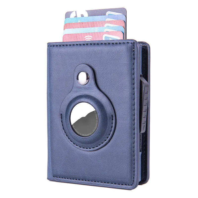 Automatic PU leather card wallet in Crazy Horse finish with anti-lost feature, card slots, and slim profile