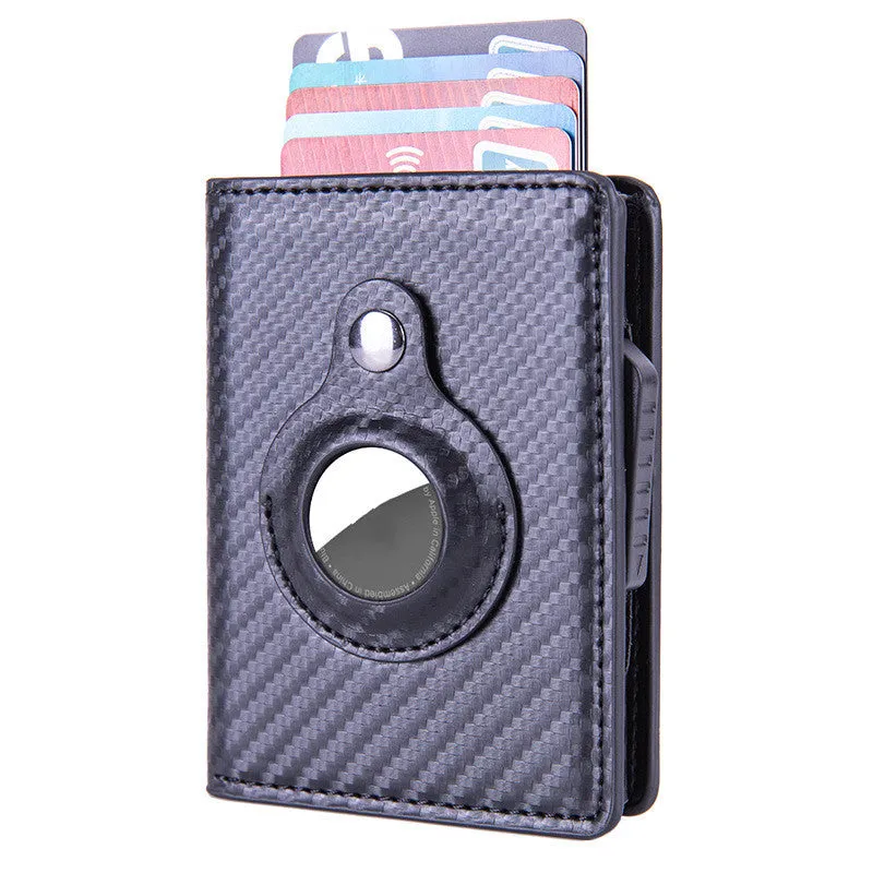 Automatic PU leather card wallet in Crazy Horse finish with anti-lost feature, card slots, and slim profile