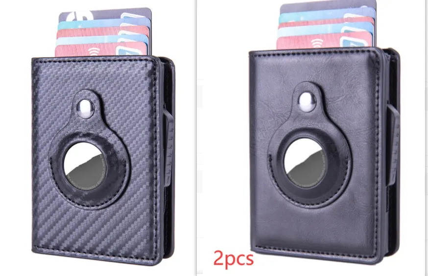 Automatic PU leather card wallet in Crazy Horse finish with anti-lost feature, card slots, and slim profile