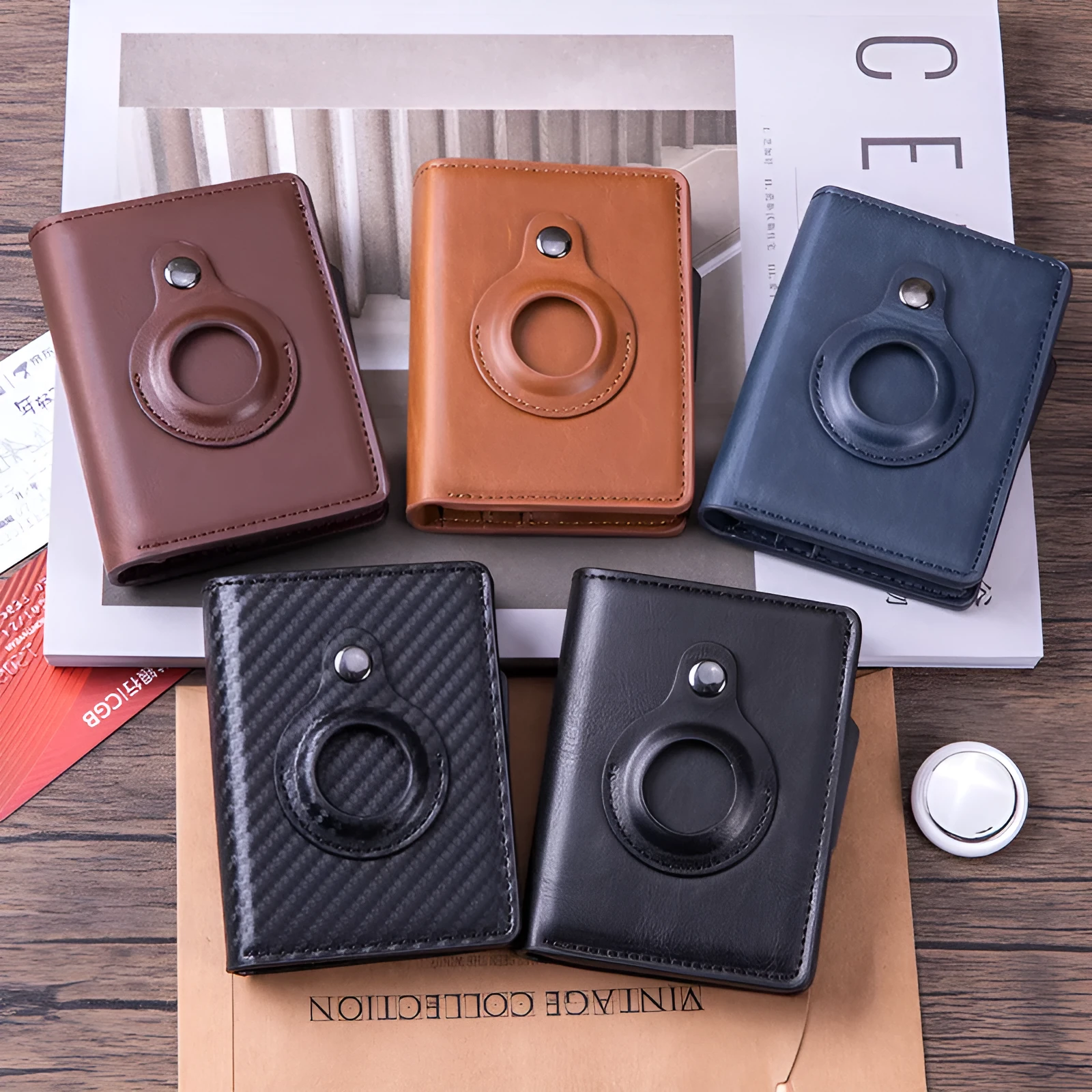 Automatic PU leather card wallet in Crazy Horse finish with anti-lost feature, card slots, and slim profile