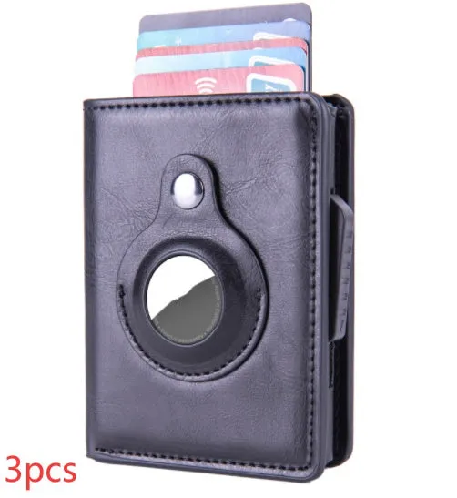Automatic PU leather card wallet in Crazy Horse finish with anti-lost feature, card slots, and slim profile