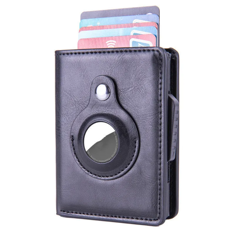 Automatic PU leather card wallet in Crazy Horse finish with anti-lost feature, card slots, and slim profile