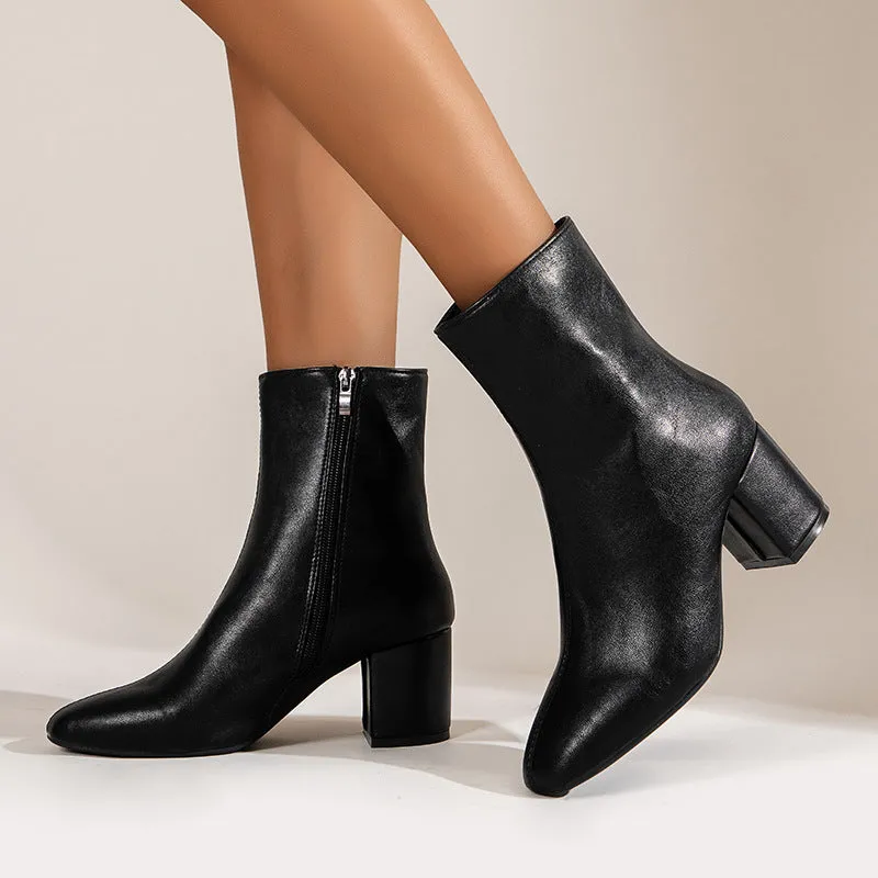 Women's chunky heel pointed toe mid-calf boots with side zipper in black shiny leather