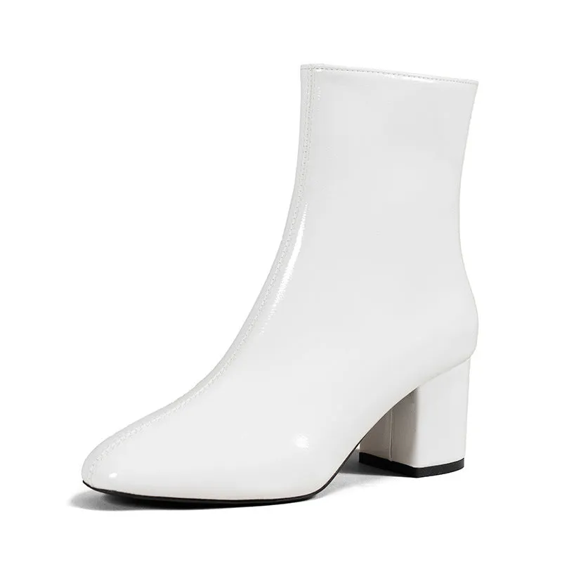 Women's chunky heel pointed toe mid-calf boots with side zipper in black shiny leather