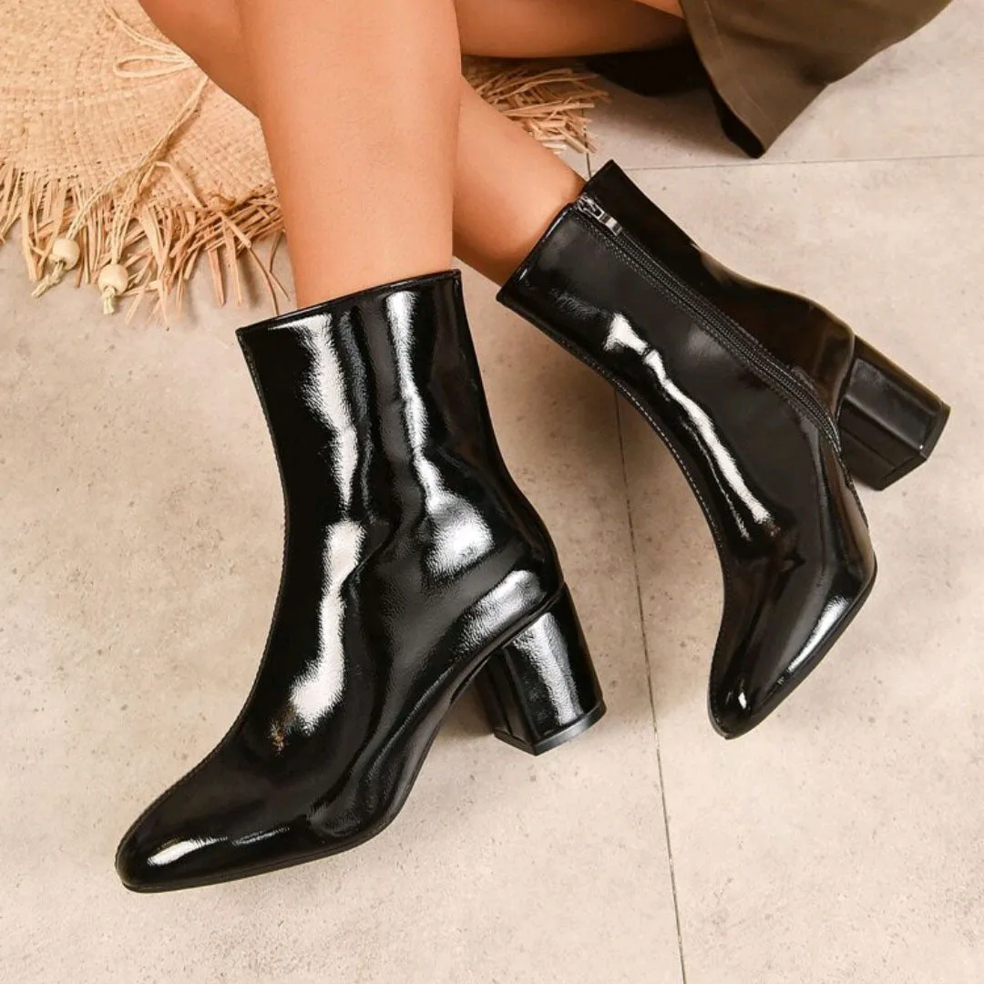 Women's chunky heel pointed toe mid-calf boots with side zipper in black shiny leather