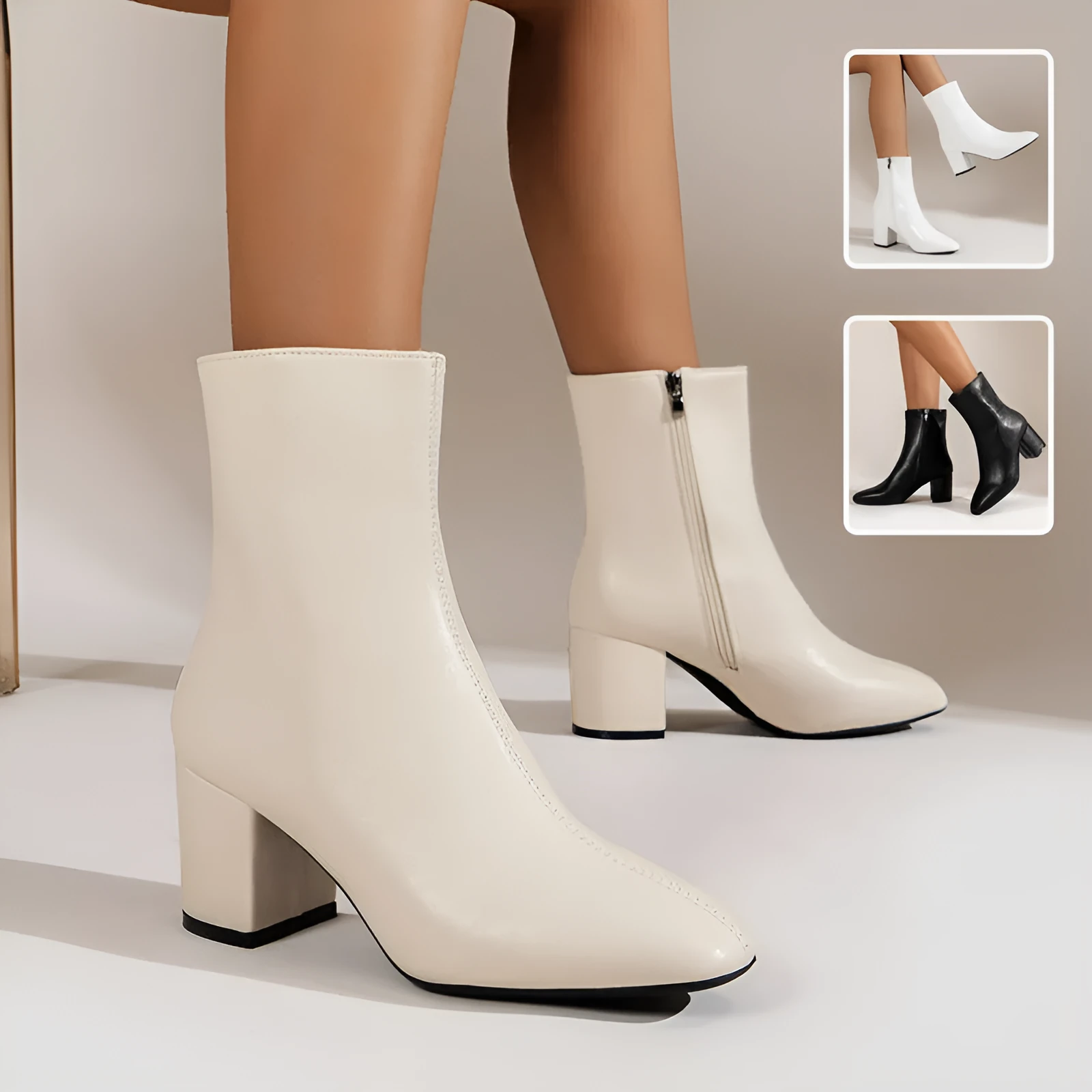 Women's chunky heel pointed toe mid-calf boots with side zipper in black shiny leather