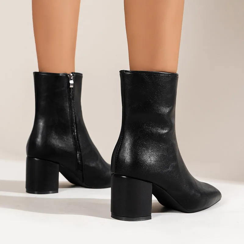 Women's chunky heel pointed toe mid-calf boots with side zipper in black shiny leather