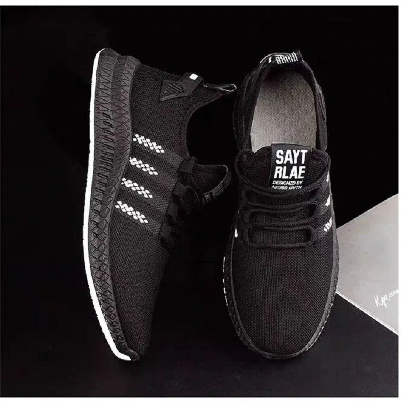 Men's summer casual low-top running shoes in black with front tie lace-up closure, sizes 39-44