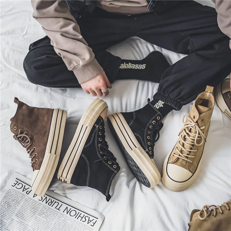 Unisex solid-colour canvas platform shoes with vulcanised rubber sole in black, dark brown, and khaki, sizes 35-44