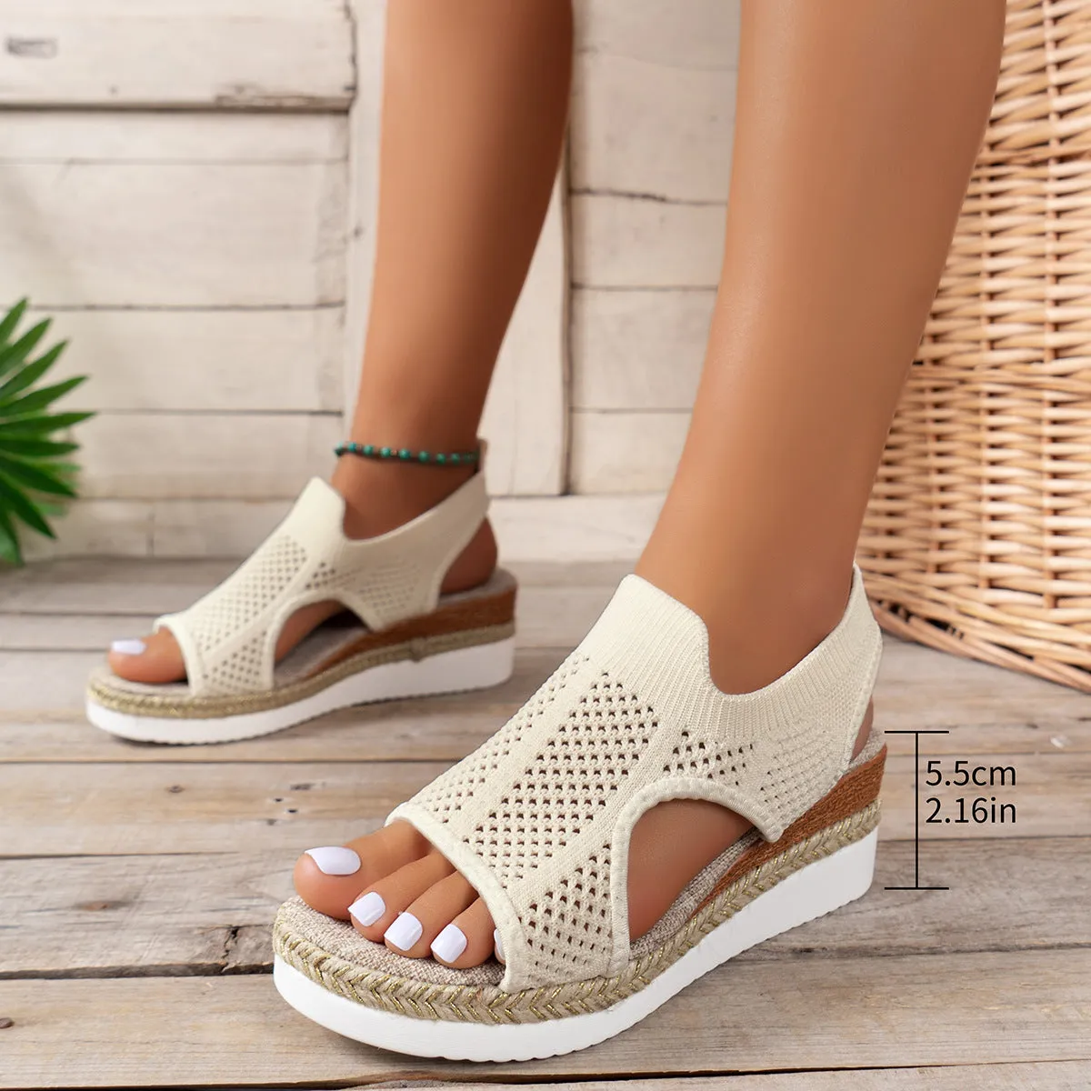 Women's hollow wedges sandals with breathable woven mesh upper and patent leather, peep-toe design, available in beige, black, khaki sizes 36-43