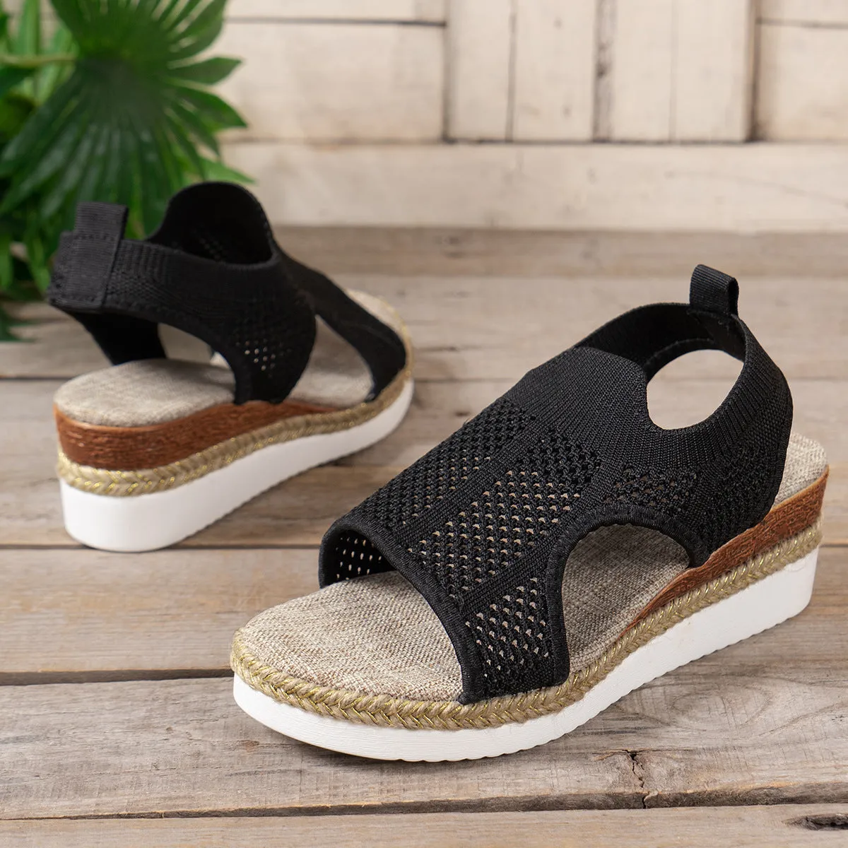 Women's hollow wedges sandals with breathable woven mesh upper and patent leather, peep-toe design, available in beige, black, khaki sizes 36-43