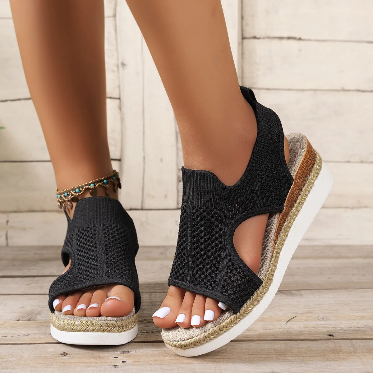 Women's hollow wedges sandals with breathable woven mesh upper and patent leather, peep-toe design, available in beige, black, khaki sizes 36-43
