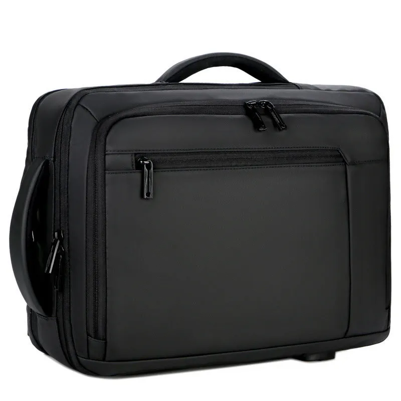 Nylon business backpack in black with zipper opening, 20-35L capacity, plain pattern, medium hardness