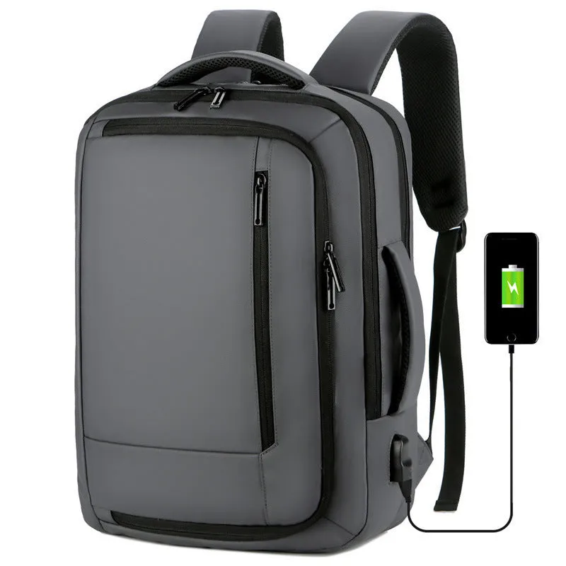 Nylon business backpack in black with zipper opening, 20-35L capacity, plain pattern, medium hardness