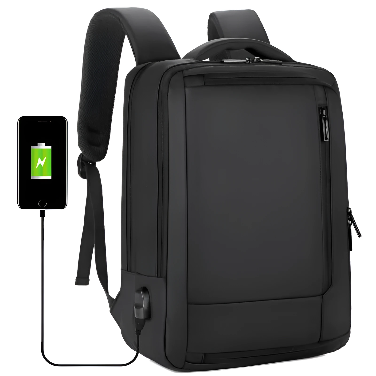 Nylon business backpack in black with zipper opening, 20-35L capacity, plain pattern, medium hardness