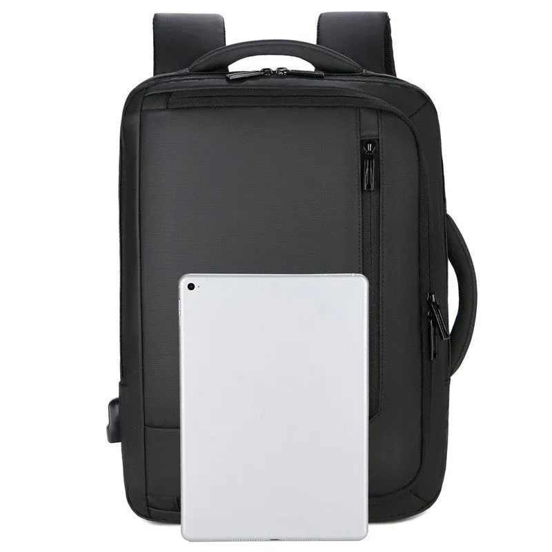 Nylon business backpack in black with zipper opening, 20-35L capacity, plain pattern, medium hardness