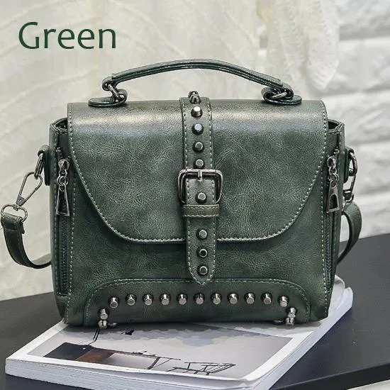 Vintage leather crossbody handbag with flap pocket and rivet detail in brown, size 25x20x12cm