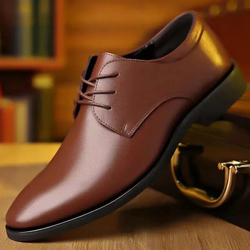 Men's black PU leather shoes with pointed toe and sequins on rubber sole, business style