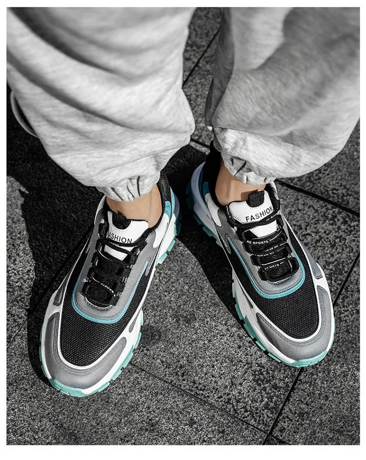 Men's breathable mesh running shoes with injection moulded sole, front lace-up, black and blue colour, size 39-44