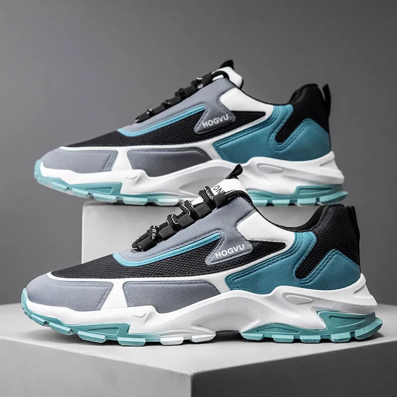 Men's breathable mesh running shoes with injection moulded sole, front lace-up, black and blue colour, size 39-44
