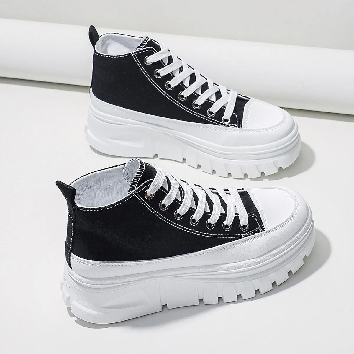 Women black lace-up high top flatform canvas shoes with height increasing insole and T-strap detail
