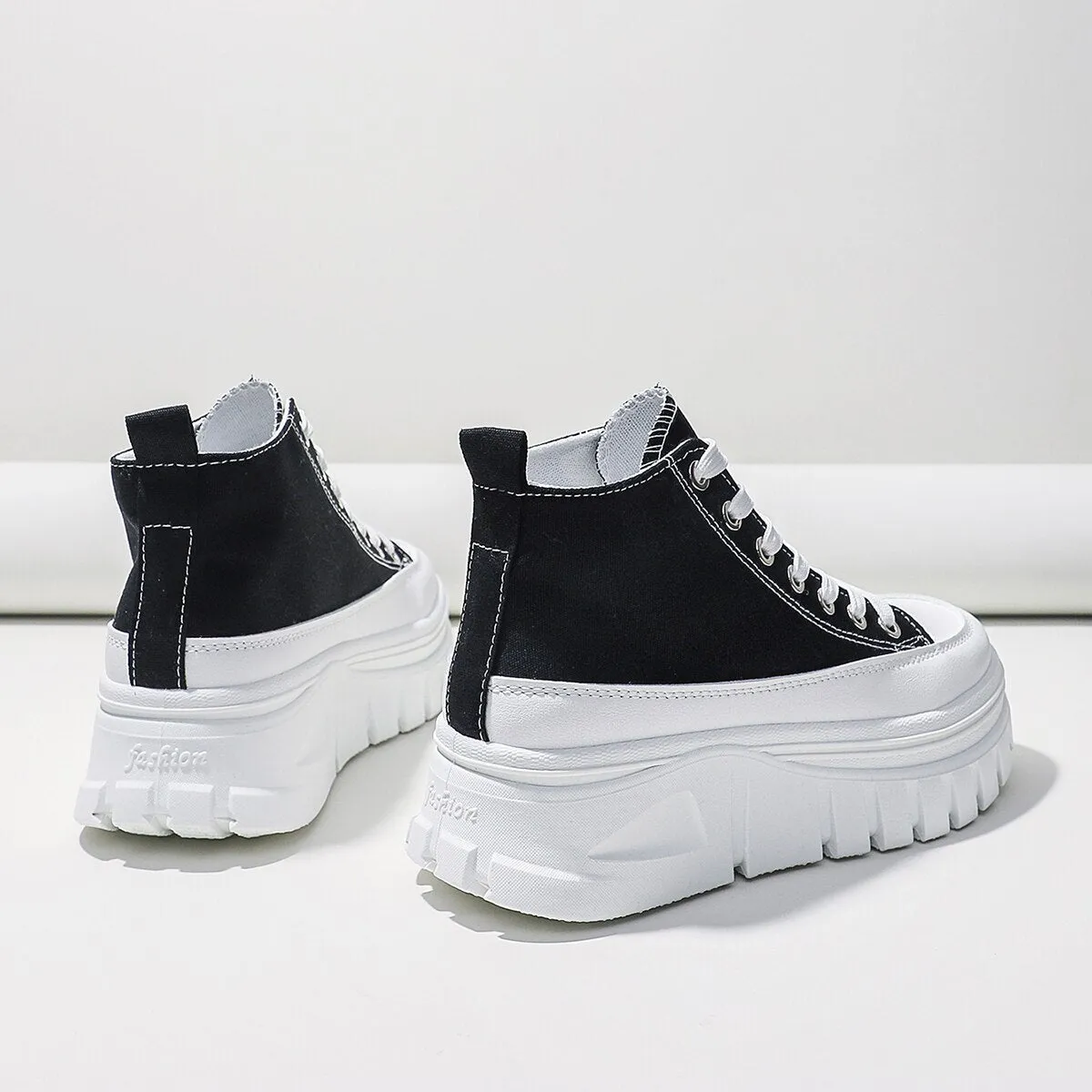 Women black lace-up high top flatform canvas shoes with height increasing insole and T-strap detail