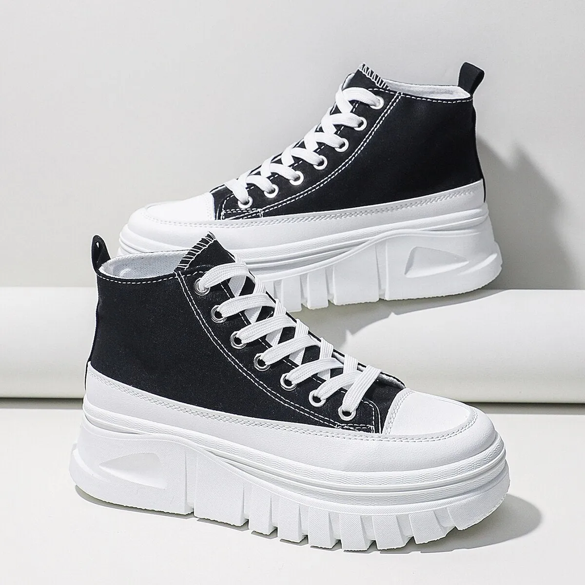 Women black lace-up high top flatform canvas shoes with height increasing insole and T-strap detail