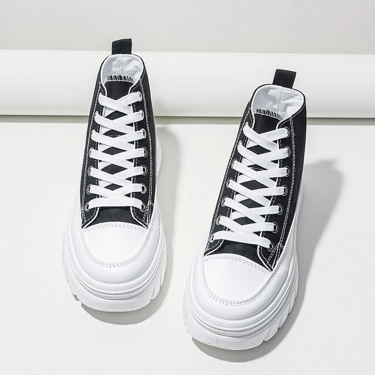 Women black lace-up high top flatform canvas shoes with height increasing insole and T-strap detail