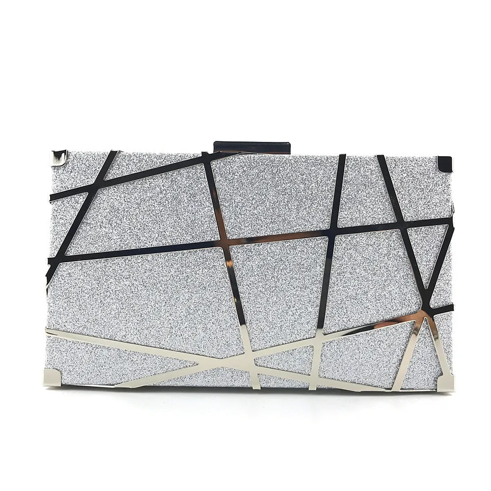 Women's small square glitter chain shoulder bag with lock closure, gold colour, on display