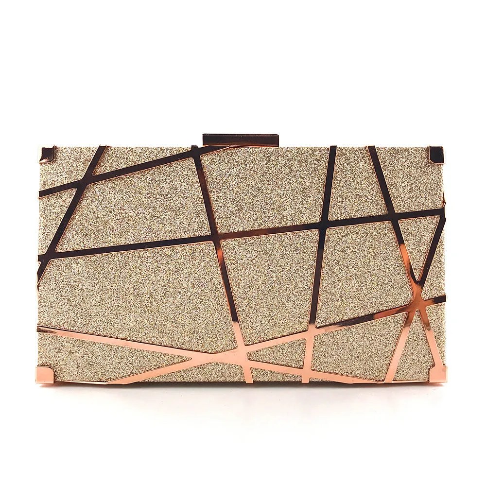 Women's small square glitter chain shoulder bag with lock closure, gold colour, on display