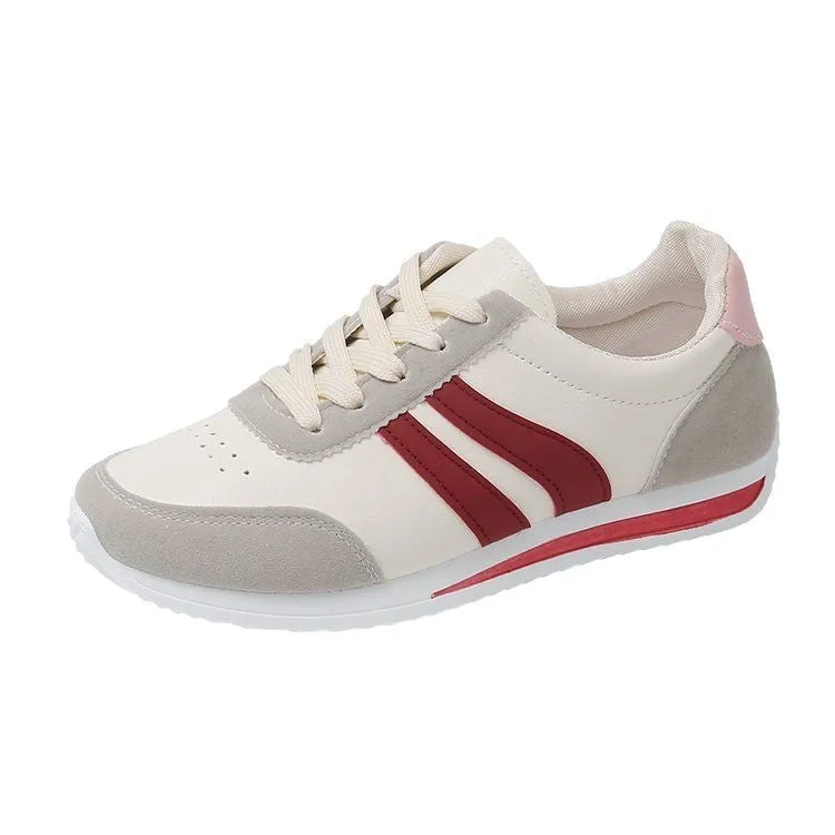 Red and blue lace-up sneakers with soft rubber soles and PU mesh upper