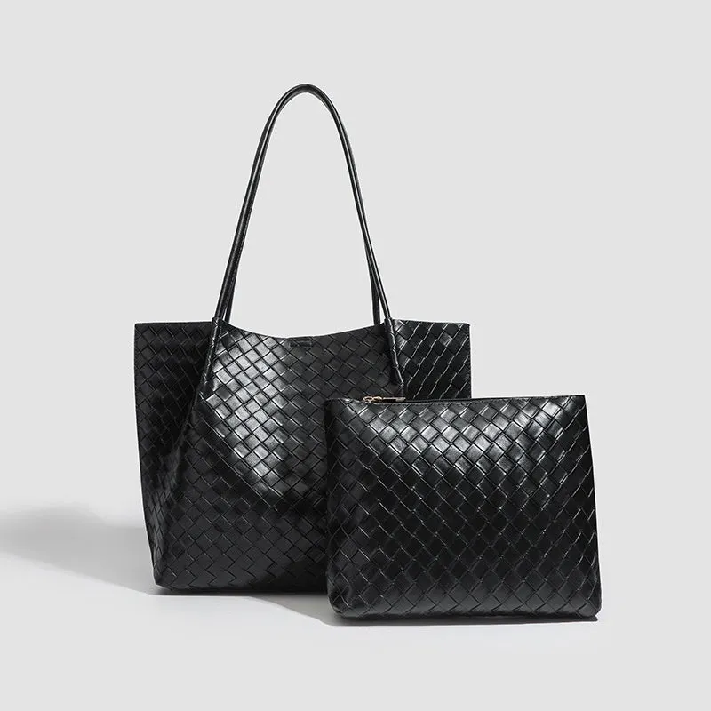 Women's PU tote bag in Black New with woven front detail and short handles