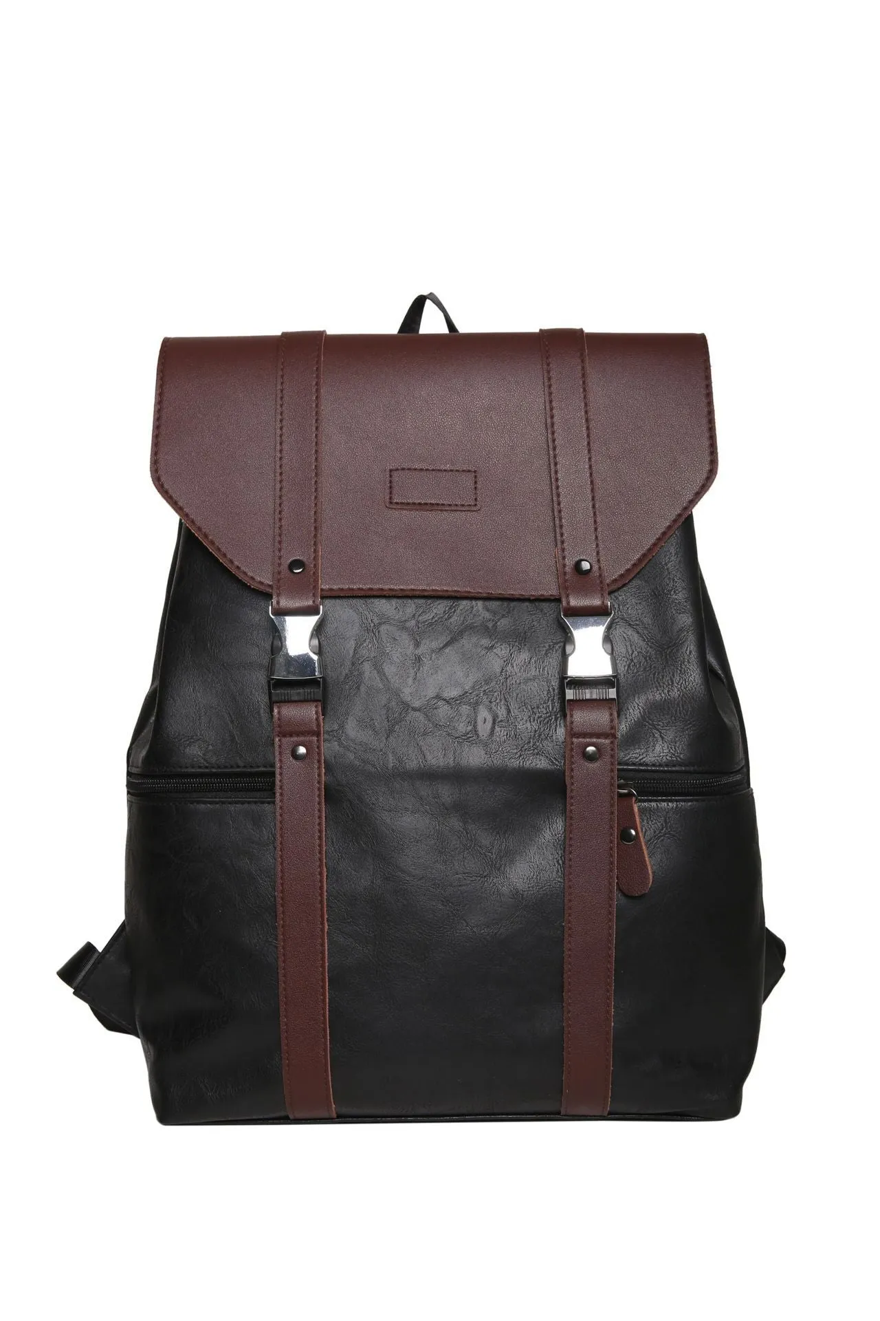 Large capacity PU leather schoolbag with flip closure, black colour, curved shoulder straps, side view